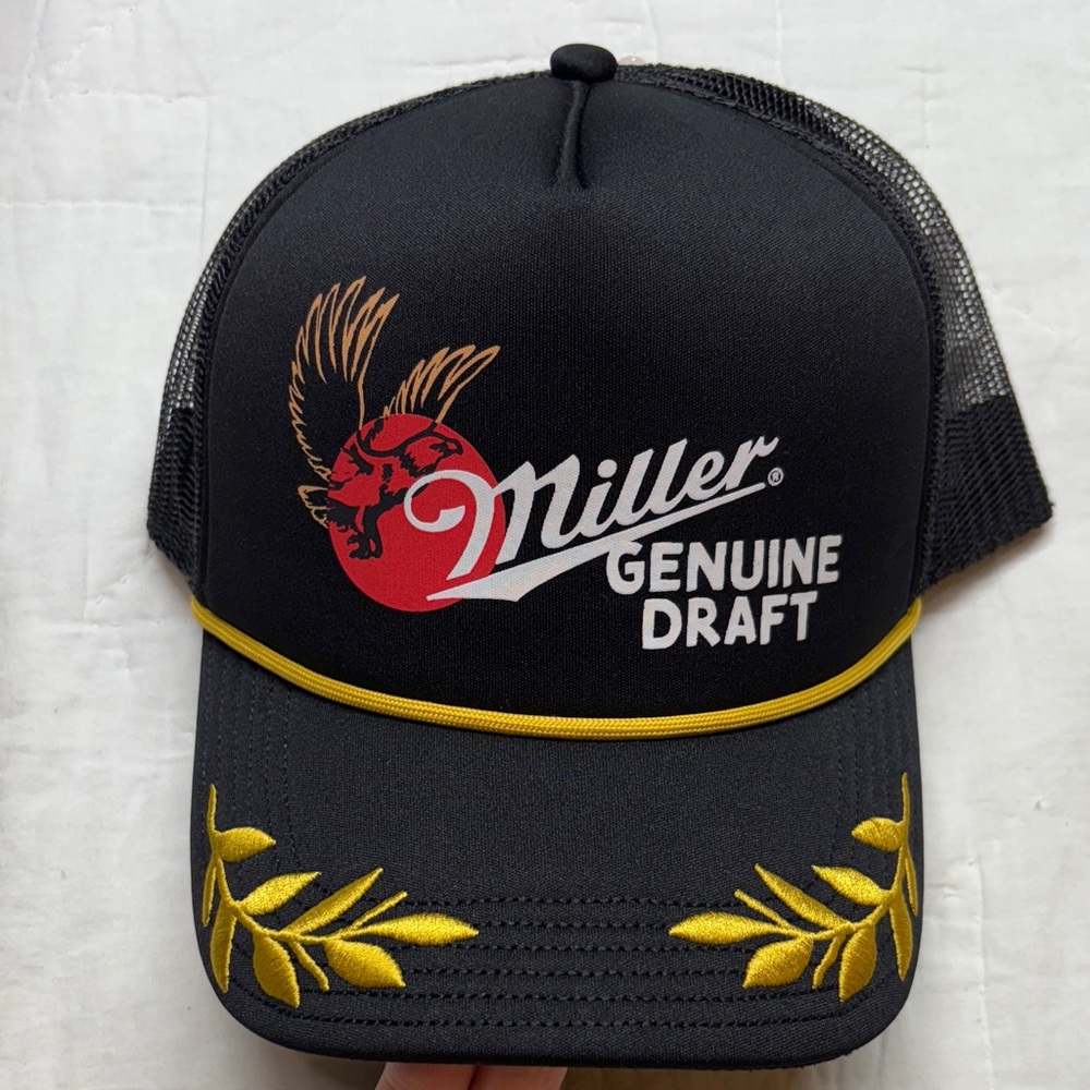 Miller‎ Genuine Draft "Leaves" Black Mesh Snapback Trucker Hat NWT
